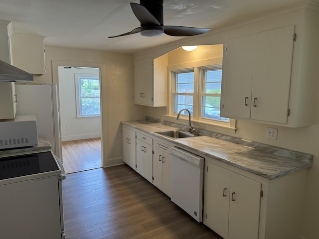 24 Chapel St, Boothbay, ME 04537 - kitchen with white appliances, a sink, ceiling fan, and plenty of natural light