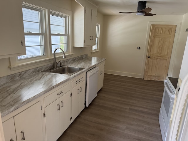 24 Chapel St, Boothbay, ME 04537 - kitchen with white dishwasher, a sink, white cabinets, dark wood finished floors, and a ceiling fan