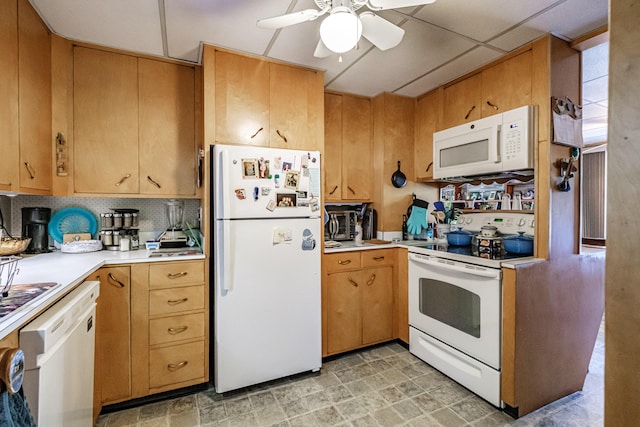 580 Norway Rd, Waterford, ME 04088 - kitchen featuring white appliances, light countertops, ceiling fan, and decorative backsplash