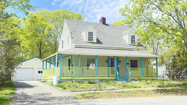 128 Fern St, Bangor, ME 04401 - view of front of property featuring a porch, an outdoor structure, roof with shingles, driveway, and a chimney