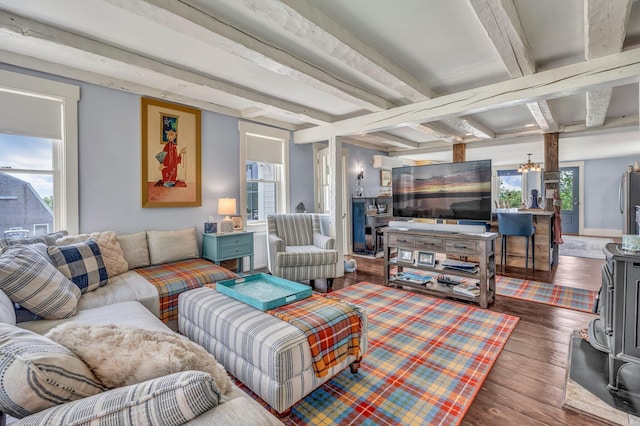 661 Veterans Hwy, Brooks, ME 04921 - living area with beamed ceiling and wood finished floors