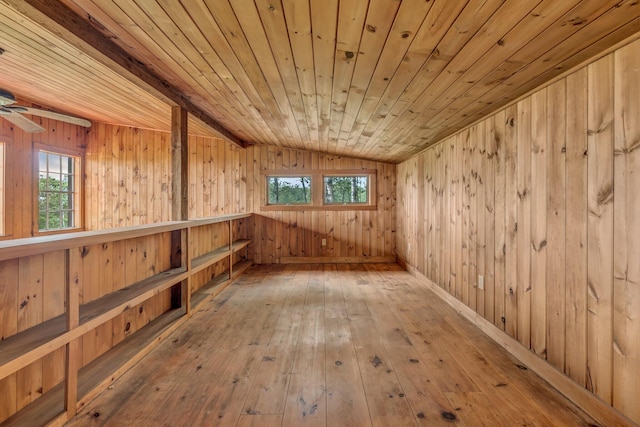 661 Veterans Hwy, Brooks, ME 04921 - empty room with wood ceiling, hardwood / wood-style flooring, wood walls, a sauna / steam room, and lofted ceiling
