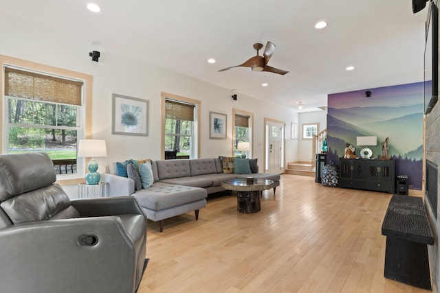 64 Old Kings Hwy, Ogunquit, ME 03907 - living area with light wood-style floors, a ceiling fan, and recessed lighting