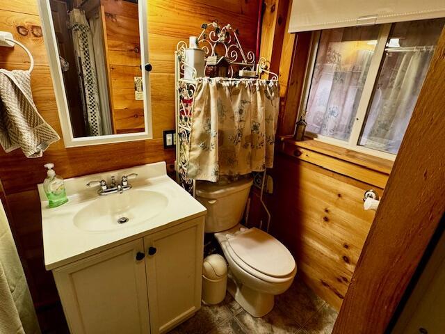 57 Cranberry Dr, Embden, ME 04958 - bathroom featuring toilet, wood walls, vanity, and tile patterned floors