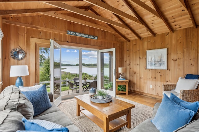 13 Atlantic Cir, Kennebunk, ME 04043 - living area featuring wood walls, wooden ceiling, a water view, and wood finished floors