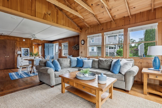 13 Atlantic Cir, Kennebunk, ME 04043 - living room featuring wooden walls, light wood-style floors, and wooden ceiling
