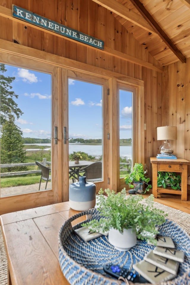 13 Atlantic Cir, Kennebunk, ME 04043 - sunroom / solarium with a water view, wooden walls, and wood ceiling