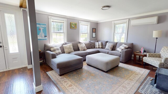 37 Enfield Rd, Lincoln, ME 04457 - living room with an AC wall unit, wood finished floors, crown molding, and baseboards