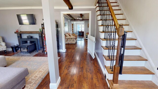 37 Enfield Rd, Lincoln, ME 04457 - stairs with hardwood / wood-style flooring, crown molding, and baseboards