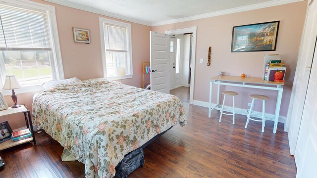 37 Enfield Rd, Lincoln, ME 04457 - bedroom featuring ornamental molding, wood finished floors, multiple windows, and baseboards