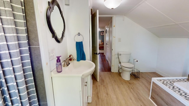 37 Enfield Rd, Lincoln, ME 04457 - bathroom featuring vanity, wood finished floors, toilet, and vaulted ceiling