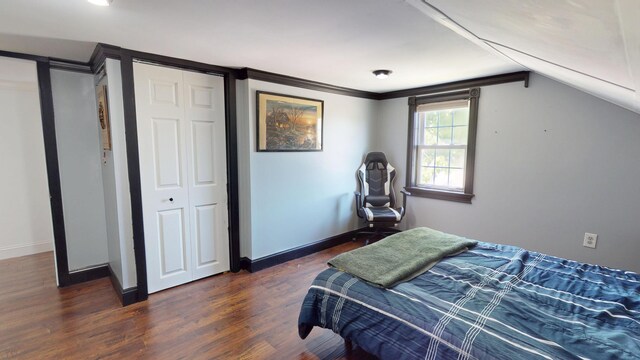 37 Enfield Rd, Lincoln, ME 04457 - bedroom with dark wood-type flooring, baseboards, lofted ceiling, and a closet