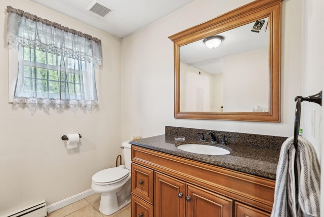 17 S Rd, Winthrop, ME 04364 - bathroom with a baseboard heating unit, tile patterned flooring, toilet, baseboards, and vanity