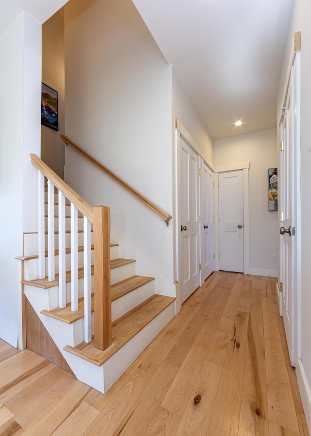 67 Hamilton Hill Way, Bar Harbor, ME 04609 - stairs with hardwood / wood-style floors, recessed lighting, and baseboards