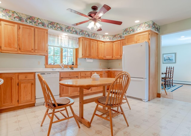 20 Ocean Side Ln, Bristol, ME 04554 - kitchen with white appliances, light floors, ceiling fan, and light countertops