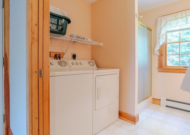 20 Ocean Side Ln, Bristol, ME 04554 - laundry room featuring washing machine and dryer, a baseboard radiator, and light floors