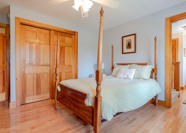 20 Ocean Side Ln, Bristol, ME 04554 - bedroom with light wood-style floors, ceiling fan, and a closet