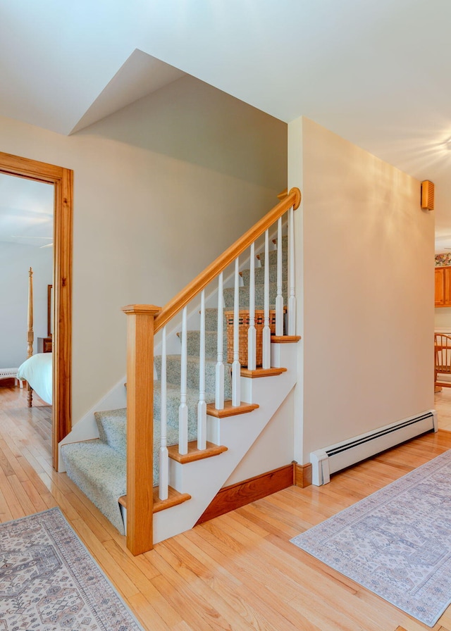 20 Ocean Side Ln, Bristol, ME 04554 - staircase featuring a baseboard heating unit and wood finished floors