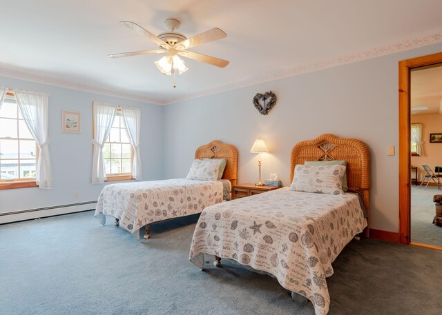 20 Ocean Side Ln, Bristol, ME 04554 - carpeted bedroom featuring crown molding, a baseboard heating unit, and ceiling fan