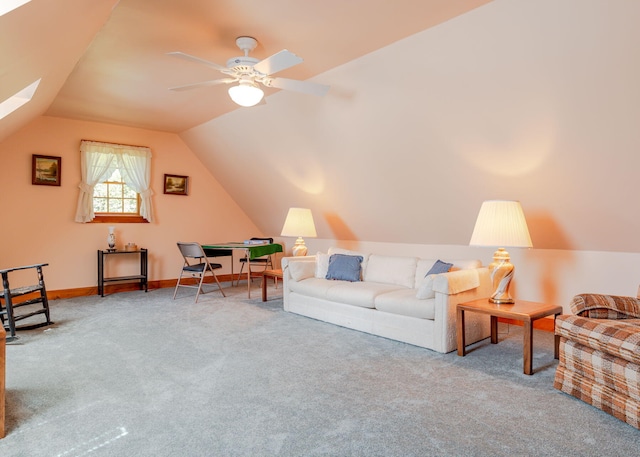 20 Ocean Side Ln, Bristol, ME 04554 - carpeted living room featuring vaulted ceiling, a ceiling fan, and a skylight