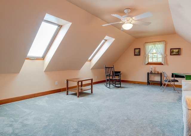 20 Ocean Side Ln, Bristol, ME 04554 - additional living space featuring a skylight, carpet flooring, vaulted ceiling, and a ceiling fan