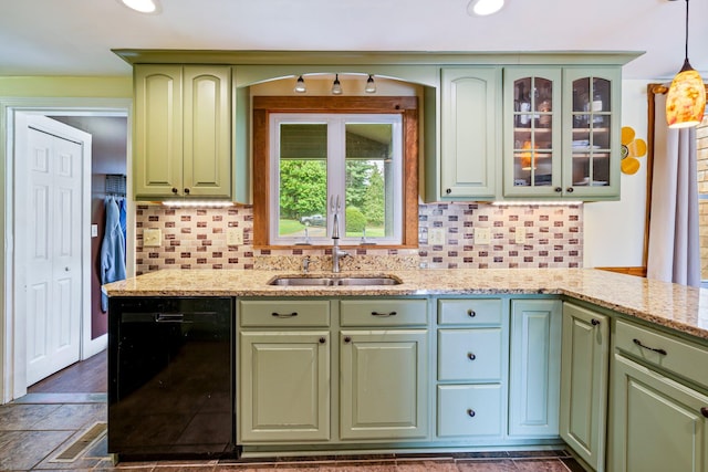 206 Sebago Lake Rd, Gorham, ME 04038 - kitchen featuring black dishwasher, green cabinetry, a sink, light stone counters, and recessed lighting