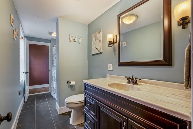 206 Sebago Lake Rd, Gorham, ME 04038 - bathroom featuring tile patterned floors, baseboards, toilet, vanity, and a shower with curtain