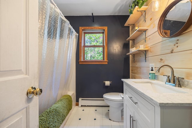 35 Salem Towne Rd, Southwest Harbor, ME 04679 - bathroom featuring a baseboard heating unit, vanity, toilet, baseboards, and shower / bathtub combination with curtain