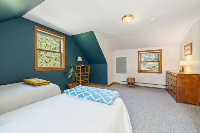 35 Salem Towne Rd, Southwest Harbor, ME 04679 - carpeted bedroom featuring lofted ceiling, a baseboard heating unit, and baseboards