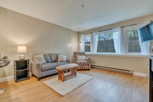 18 Smithwheel Rd Unit 21, Old Orchard Beach, ME 04064 - living area with baseboard heating, wood finished floors, and baseboards