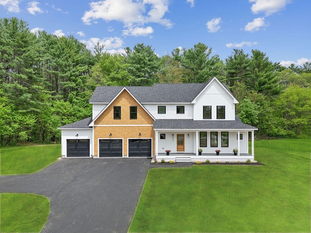 90 Running Hill Rd, Scarborough, ME 04074 - modern farmhouse style home with covered porch, asphalt driveway, a front lawn, and roof with shingles
