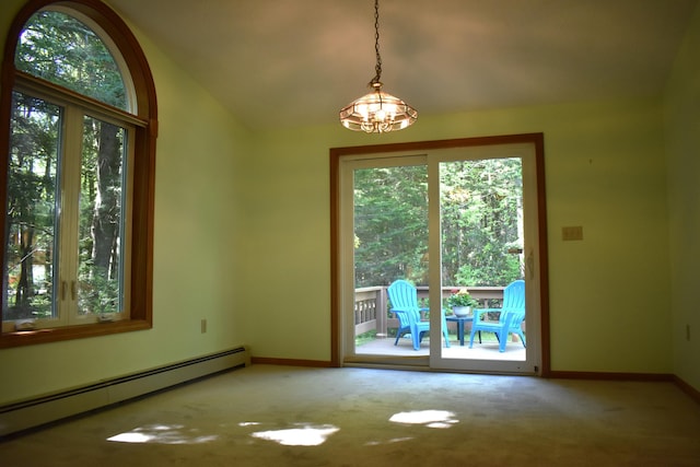 96 Pamela Dr, Winthrop, ME 04364 - carpeted spare room with baseboard heating, baseboards, vaulted ceiling, and a chandelier