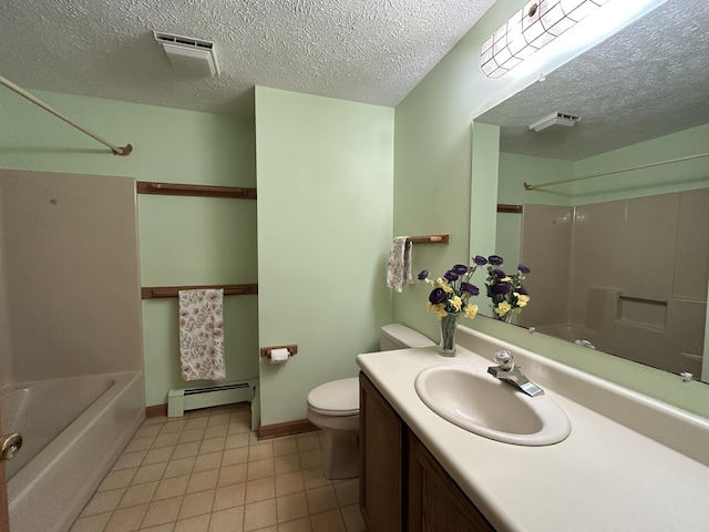 96 Pamela Dr, Winthrop, ME 04364 - bathroom featuring baseboard heating, shower / washtub combination, toilet, vanity, and tile patterned flooring