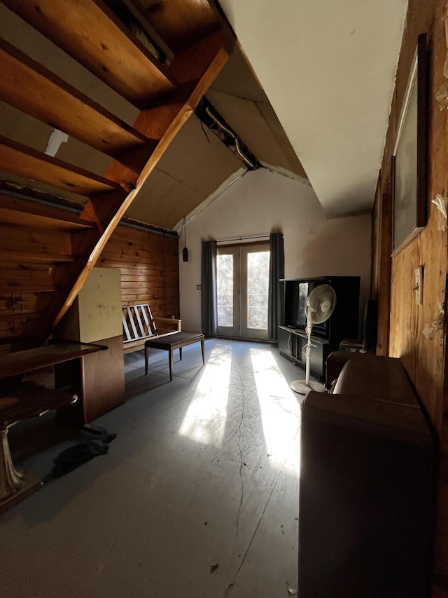 371 Carding Machine Rd, Bowdoinham, ME 04008 - bonus room with french doors, wood walls, and vaulted ceiling