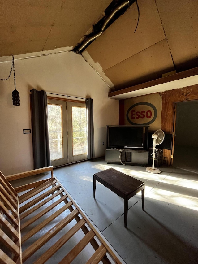 371 Carding Machine Rd, Bowdoinham, ME 04008 - living area featuring vaulted ceiling and french doors