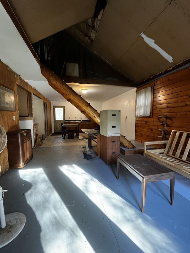371 Carding Machine Rd, Bowdoinham, ME 04008 - misc room featuring wooden walls and vaulted ceiling