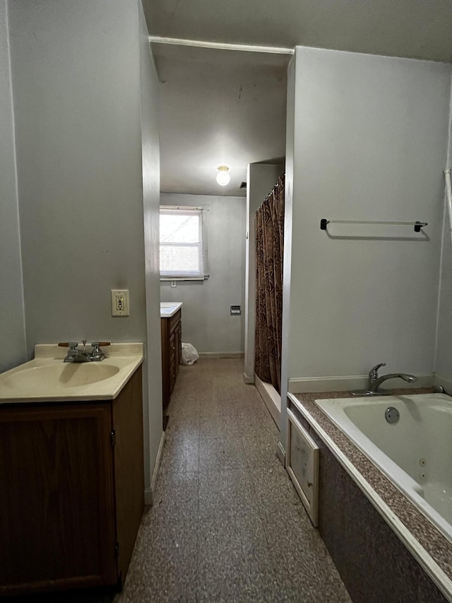 371 Carding Machine Rd, Bowdoinham, ME 04008 - bathroom featuring vanity, tile patterned floors, baseboards, a shower with shower curtain, and a jetted tub