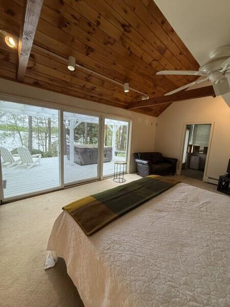 27 Chickadee Ln, Naples, ME 04055 - bedroom featuring access to outside, wooden ceiling, vaulted ceiling, and carpet floors