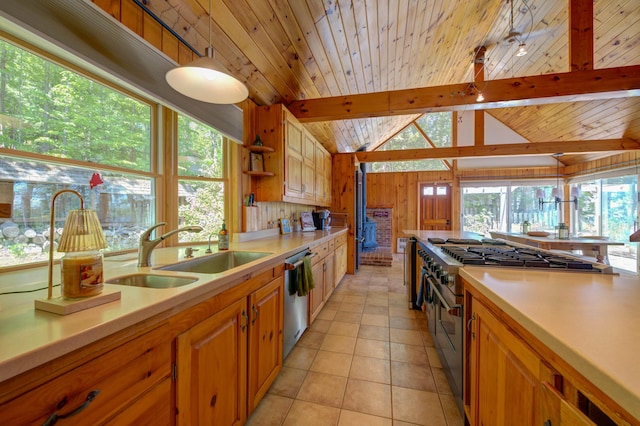 27 Chickadee Ln, Naples, ME 04055 - kitchen with stainless steel appliances, a sink, light countertops, wood ceiling, and light tile patterned flooring