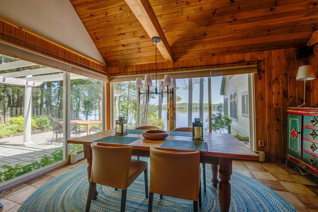 27 Chickadee Ln, Naples, ME 04055 - tiled dining room with lofted ceiling, wood ceiling, a water view, wooden walls, and a baseboard radiator