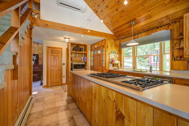 27 Chickadee Ln, Naples, ME 04055 - kitchen featuring an AC wall unit, appliances with stainless steel finishes, vaulted ceiling, a sink, and wooden walls