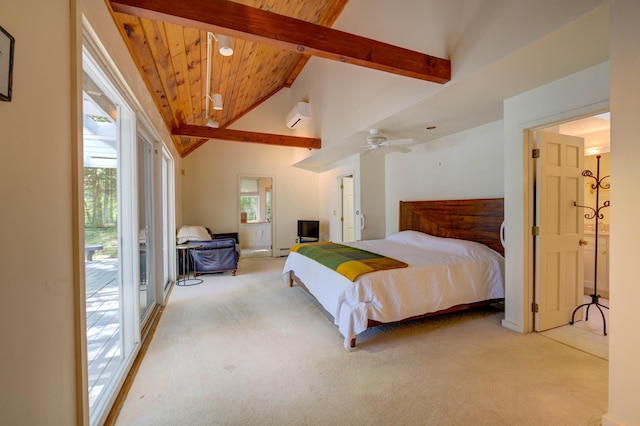 27 Chickadee Ln, Naples, ME 04055 - bedroom with light colored carpet, an AC wall unit, wood ceiling with exposed beams, and high vaulted ceiling