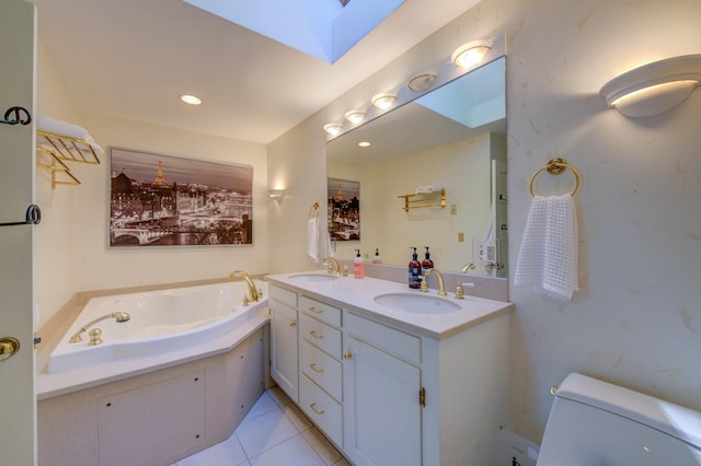27 Chickadee Ln, Naples, ME 04055 - full bath with a skylight, toilet, a bath, double vanity, and tile patterned flooring