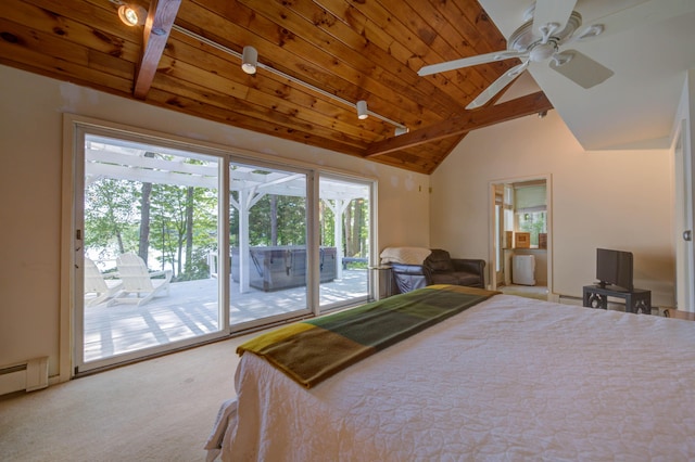 27 Chickadee Ln, Naples, ME 04055 - bedroom with access to outside, wooden ceiling, light colored carpet, a baseboard radiator, and ceiling fan