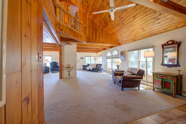 27 Chickadee Ln, Naples, ME 04055 - carpeted living room featuring wooden ceiling, a ceiling fan, and high vaulted ceiling