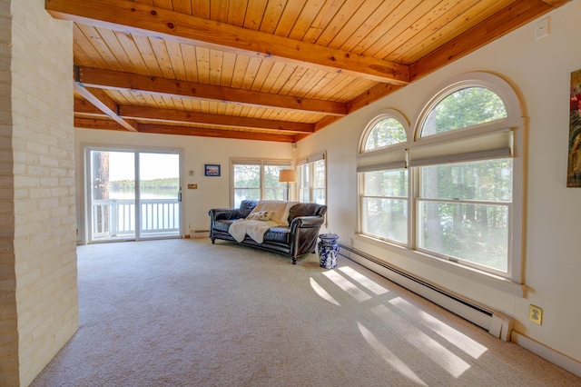 27 Chickadee Ln, Naples, ME 04055 - carpeted living area with wood ceiling with exposed beams, healthy amount of natural light, a baseboard heating unit, a water view, and baseboards