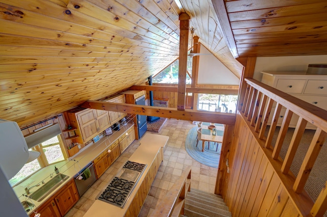 27 Chickadee Ln, Naples, ME 04055 - unfurnished living room featuring wood ceiling, lofted ceiling, and light floors