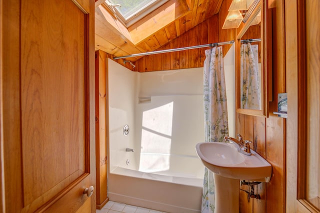 27 Chickadee Ln, Naples, ME 04055 - full bath featuring vaulted ceiling, shower / tub combo, tile patterned floors, and a skylight