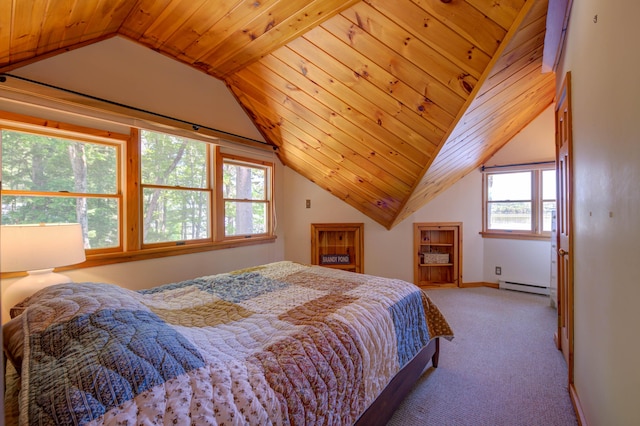27 Chickadee Ln, Naples, ME 04055 - bedroom featuring a baseboard radiator, light carpet, vaulted ceiling, and baseboards