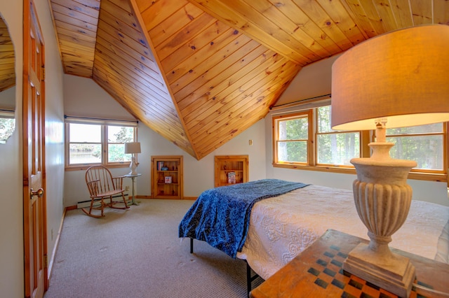 27 Chickadee Ln, Naples, ME 04055 - carpeted bedroom with lofted ceiling, multiple windows, a baseboard heating unit, wooden ceiling, and baseboards